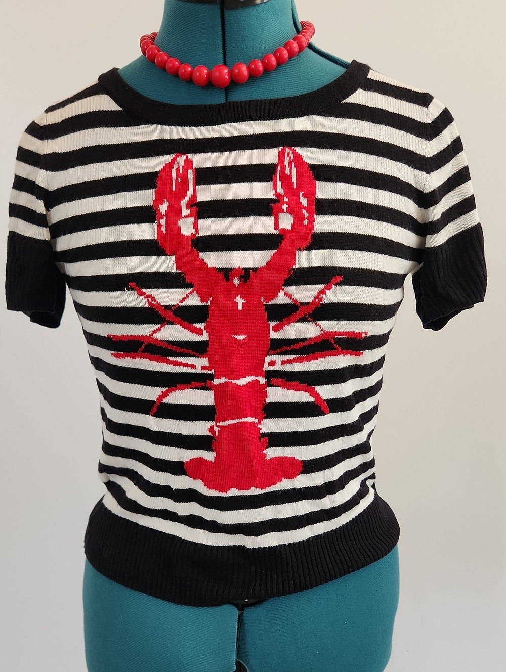 🦞 Hell Bunny Black & White Striped Top with Red Lobster Motif SZ M